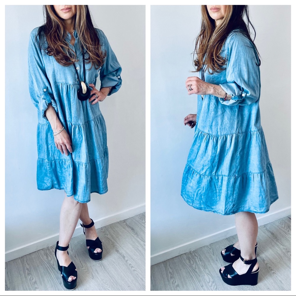 ✨LAST ONE✨MADE IN ITALY CHIC LIGHT JEAN TIERED DRESS - Picture 4 of 6